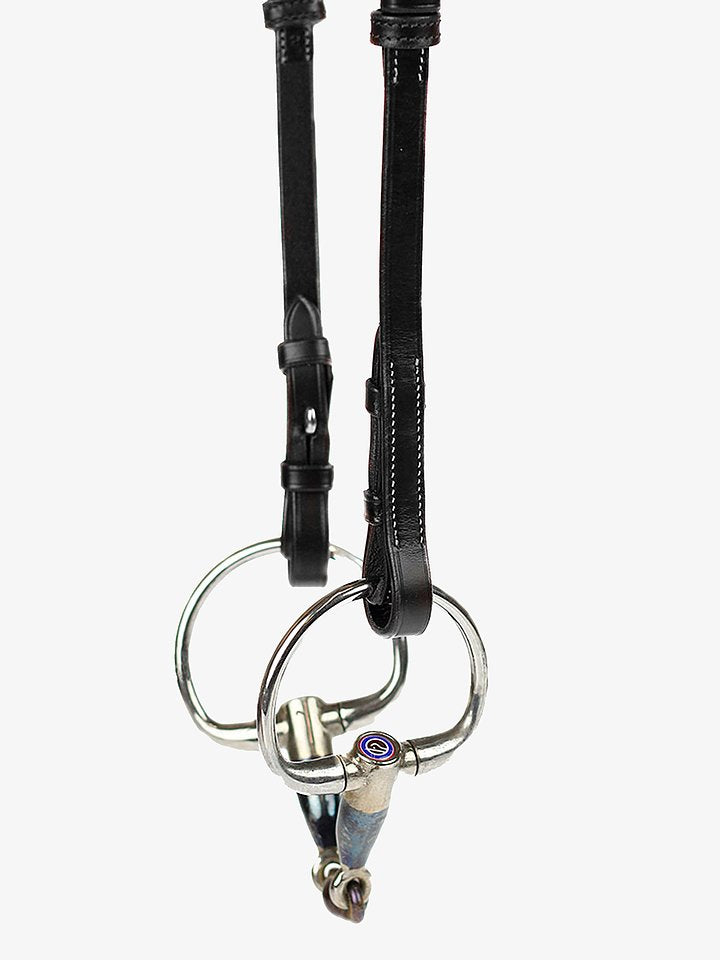 PS of Sweden Cheekpiece Flat w/ French Hook + Selectable Cradles, White Stitching - Black, front view with the bit attached