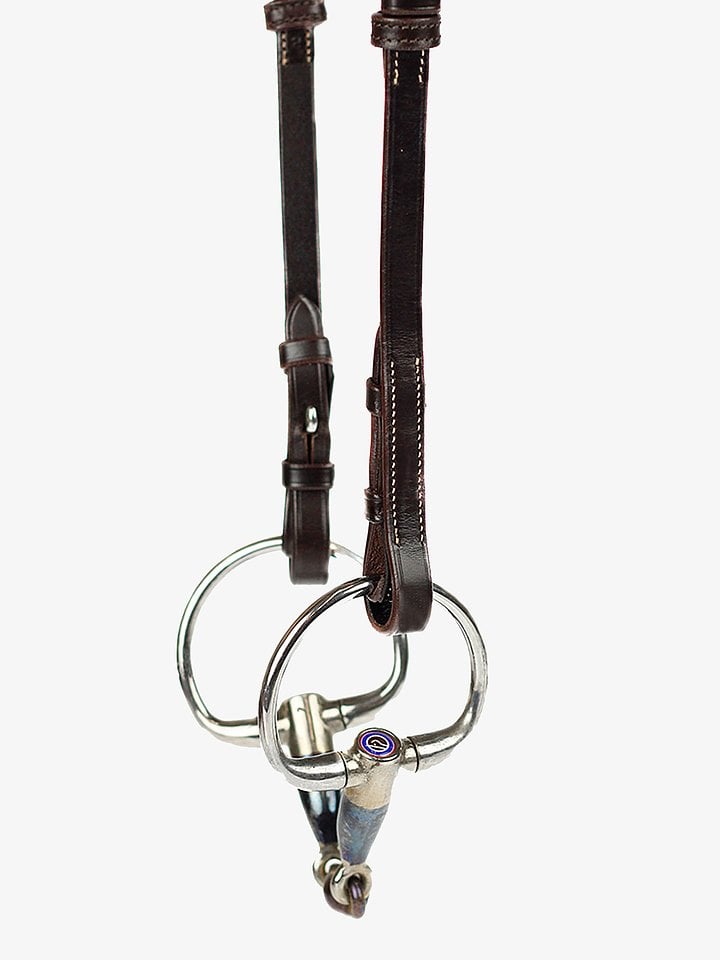PS of Sweden Cheekpiece Flat w/ French Hook + Selectable Cradles, White Stitching - Brown, front view with the bit attached
